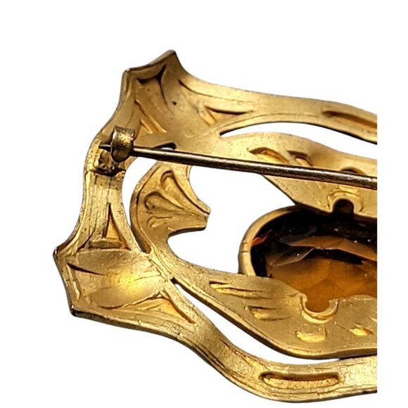 Buckle Style Czech Glass Brooch Light Brown Boho Stone Gold Tone Setting - Picture 9 of 10